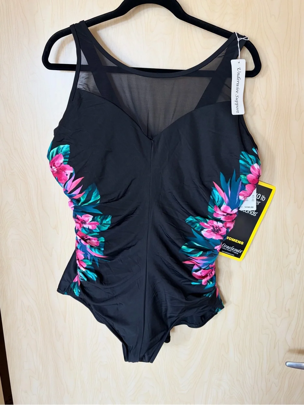 Miraclesuit Black One-Piece with Pink Floral Side Panels Plus size 22 NWT